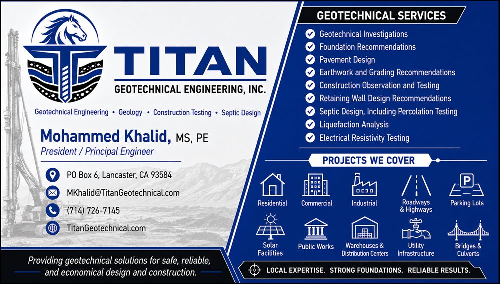 Titan Geotechnical Engineering business card for Mohammed Khalid, MS, PE, President / Principal Engineer. Geotechnical services: geotechnical investigations, foundation recommendations, pavement design, earthwork and grading recommendations, construction observation and testing, retaining wall design recommendations, septic design including percolation testing, liquefaction analysis, and electrical resistivity testing. Phone (714) 726-7145, email MKhalid@TitanGeotechnical.com.